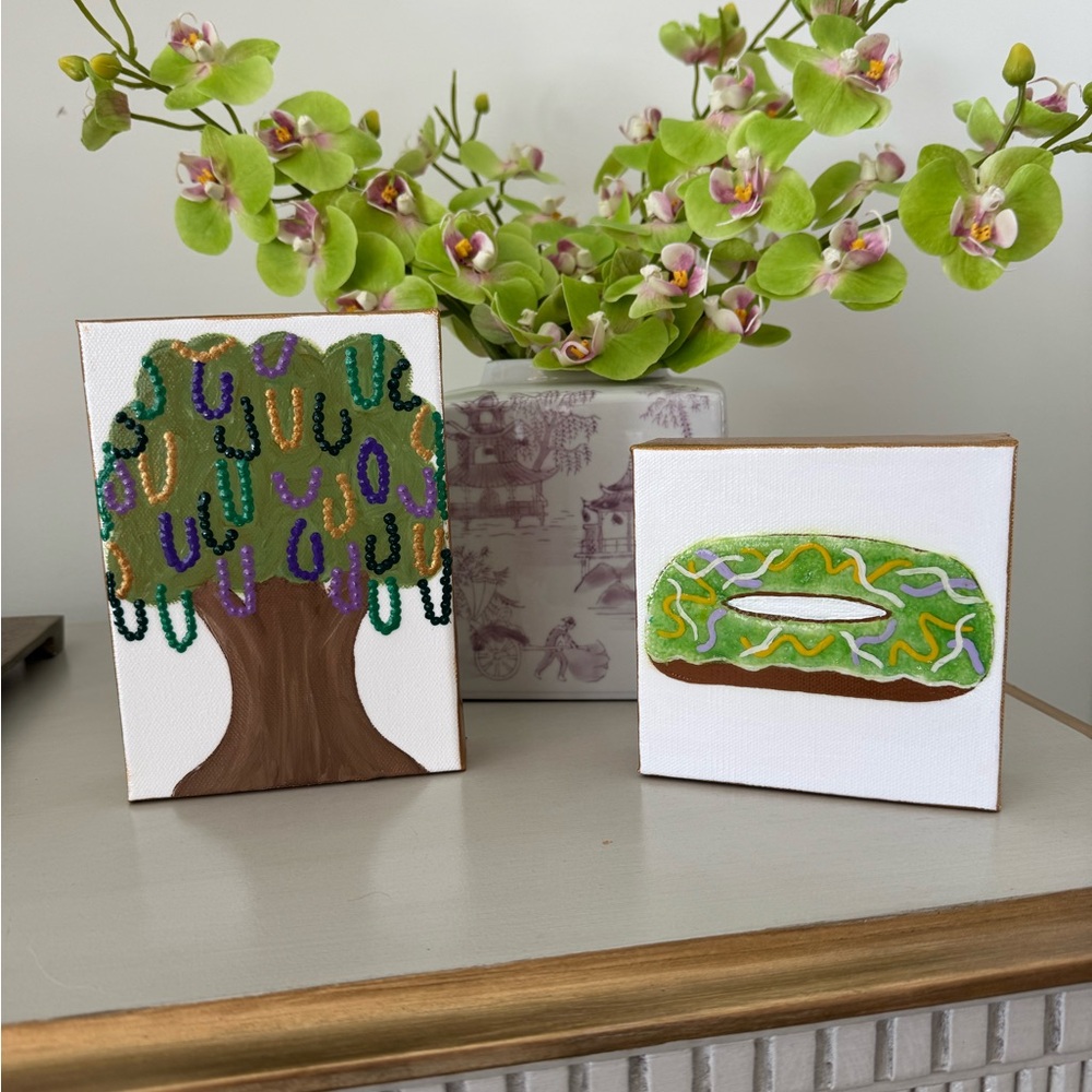 Hand-Painted Acrylic Mardi Gras King Cake and Bead Tree BY ME!